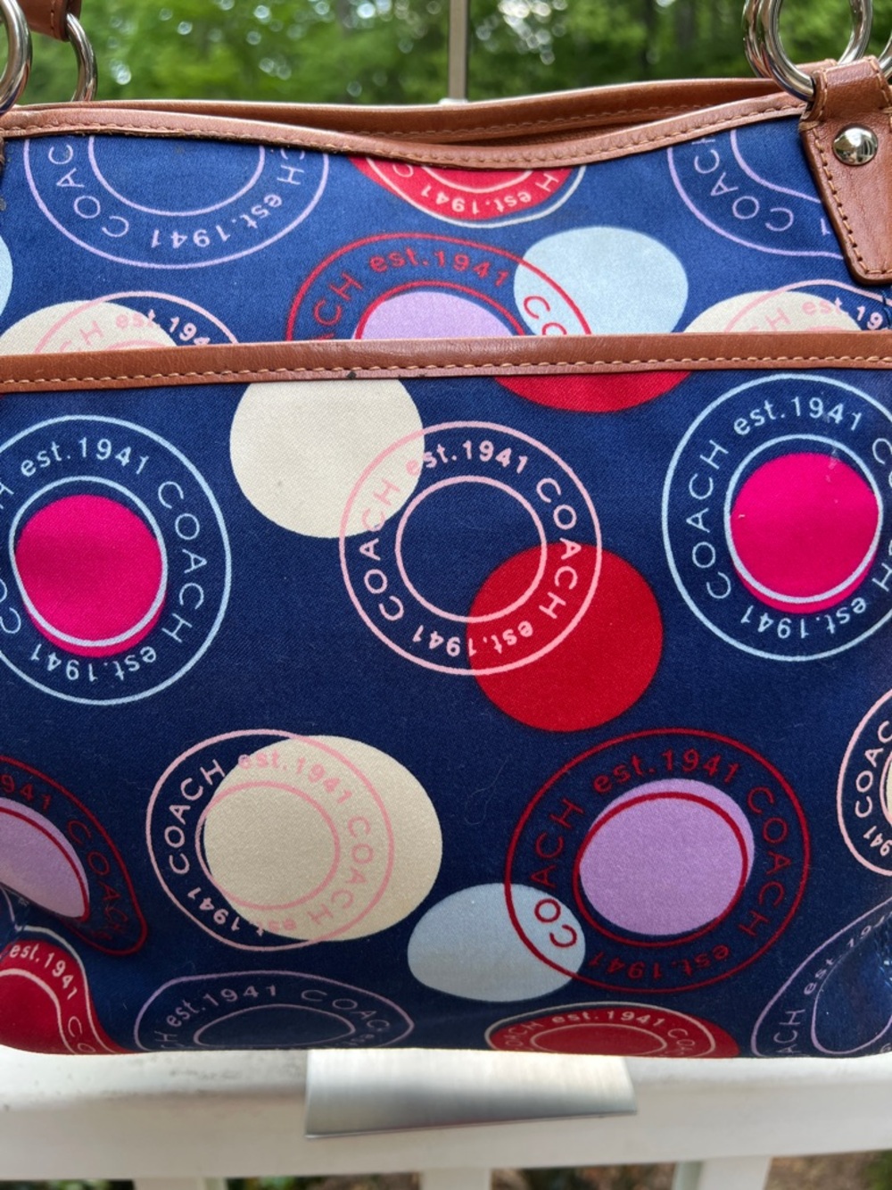 Coach Leah Polka Dot Print Navy Multicolor Signature Circle Print Tote-14×9×5 - Picture 7 of 16